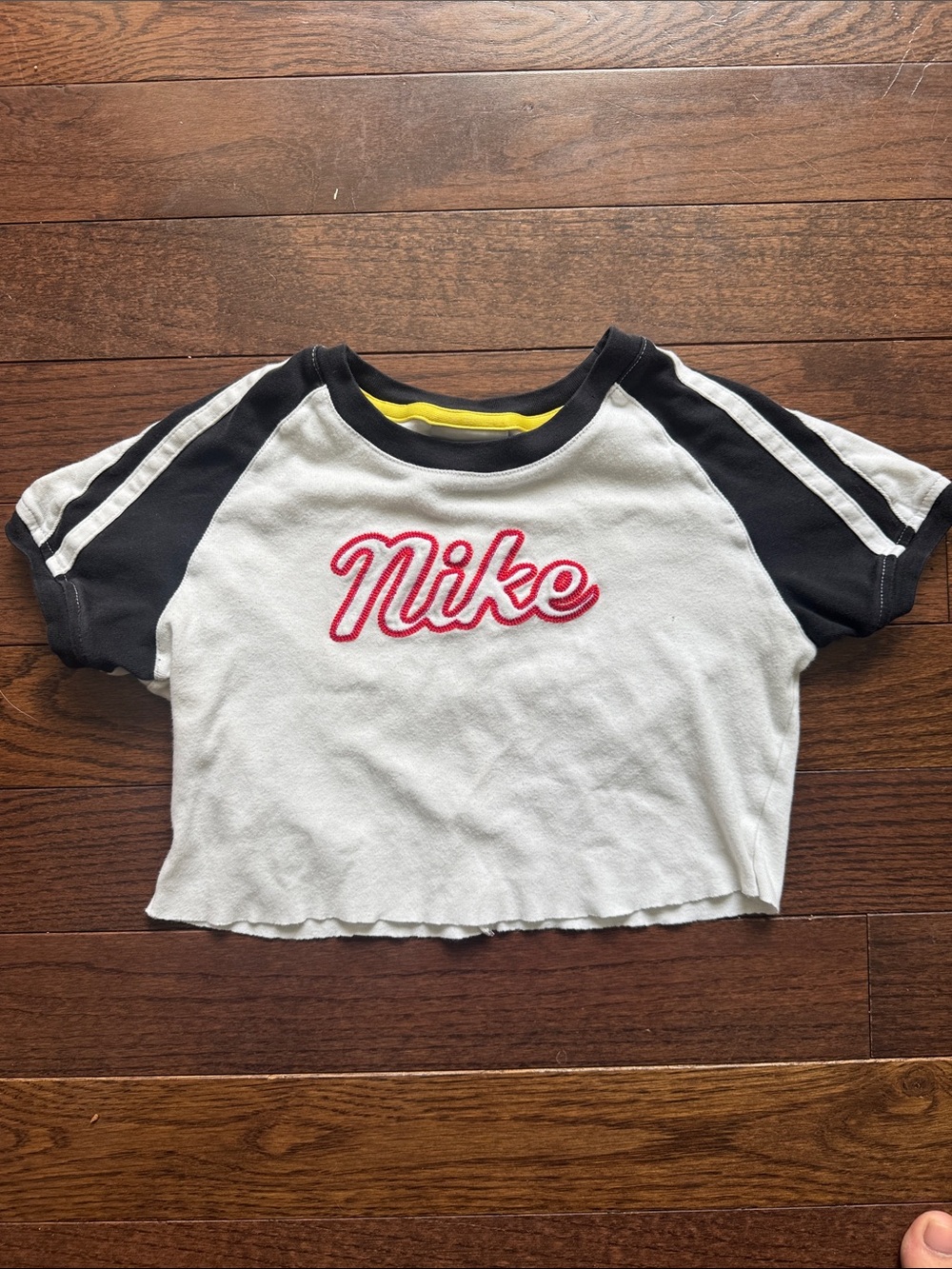 Nike White Crop vintage Tee with Black Sleeves and Red Script Logo